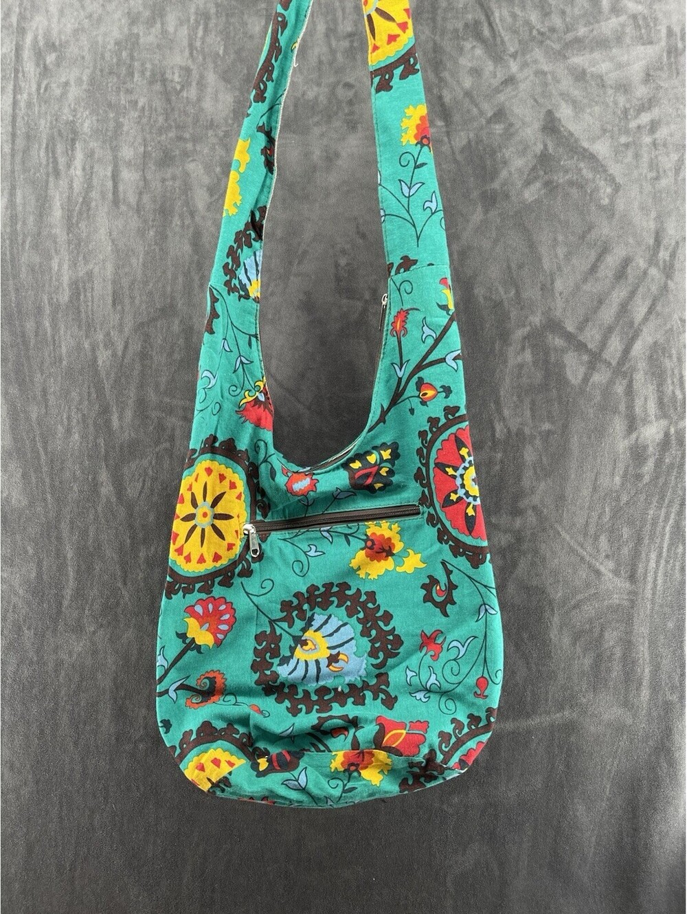 Boho Floral Cotton Sling Crossbody Hobo Bag Teal Hippie Festival Zip Purse